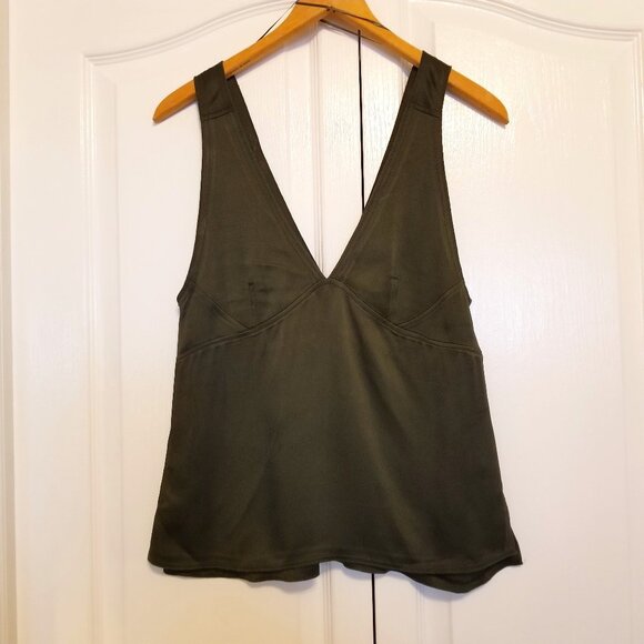 NWT Zara Satin Tank Top XS Olive Green Womens Top Vneck Relaxed Fit Mid Length - Picture 3 of 8